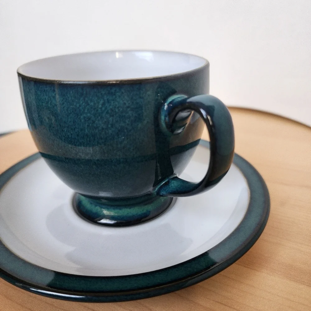 Vintage Denby England Greenwich Teal Stoneware Cup & Saucer Set